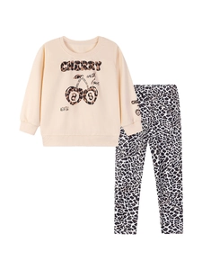 Girls long sleeve casual set featuring cherry leopard print sweatshirt and matching pants