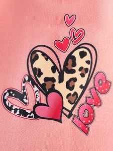 Pink girls' autumn sweatshirt featuring heart patterns with leopard print and love text