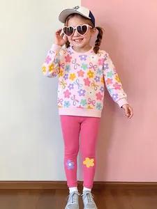 Completo Autunnale da Ragazza in Poliestere Spandex Con Stampa Floreale Felpa e Pantaloni a Maniche Lunghe Outfit per Bambini