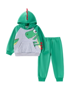 Boys dinosaur themed two-piece tracksuit with hooded sweatshirt and green jogger pants