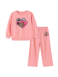 Pink toddler girl long sleeve tracksuit set with leopard print heart and Love graphics