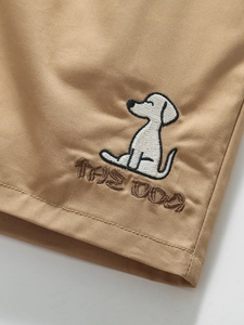 Boys summer cotton set khaki shorts with embroidered dog pattern and text detail