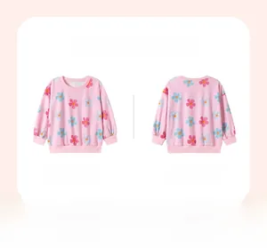 Front and back view of girls pink sweatshirt with all-over colorful floral patterns