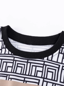 Boys long-sleeve set featuring a black ribbed crew neck and geometric maze print pattern