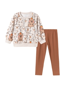 Ensemble fille avec sweat-shirt imprimé capybara mignon et pantalon marron décontracté