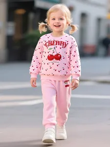 Girls Casual Polyester Long Sleeve Sweatshirt And Pants Set Cherry Printed Round Neck Autumn Clothes For Children Kids