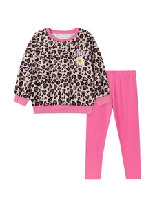 Girls long sleeve heart leopard print smile outfit set with pink leggings and ribbed cuffs