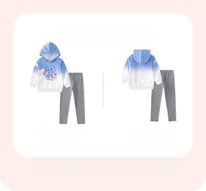 Detail of girls' fleece tracksuit featuring blue rabbit hoody and matching grey leggings