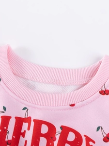 Pink cotton sweatshirt for girls with ribbed round neck and cherry graphic print