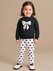 Girls Long Sleeve Sweatshirt And Pants Outfit Casual Heart Bow Printed Polyester Top And Bottoms Apparel For Autumn