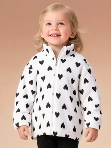 Giacca in Pile da Bambina con Stampa a Cuore Calda Felpa a Maniche Lunghe con Cerniera per Bambini Autunno Inverno Casual