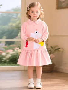 Mädchen Langarm Polo Kleid Cartoon Hase Applikation Rosa Herbst Prinzessin Faltenrock Für Kinder Alltag Schule Kleidung