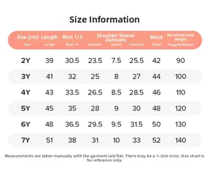 Guide des tailles détaillé pour ensemble d'été fille avec mesures précises de 2 à 7 ans