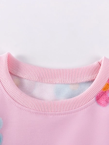 Pink floral cotton sweatshirt for girls with a ribbed crew neck and clean stitching