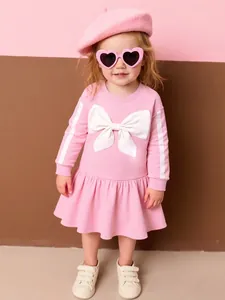 Robe Rose à Manches Longues pour Fillettes Avec Grand Nœud Blanc Automne Douce Robe de Princesse à Volants pour Fêtes