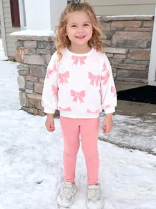 Set di Abbigliamento Due Pezzi da Bambina Invernale in Pile con Stampa a Fiocco Top a Maniche Lunghe e Leggings Rosa