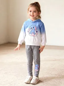 Little Maven Girls Fleece Hoodie And Pants Set Cartoon Rabbit Print Gradient Blue White Autumn Sweet Casual Kids Outfit
