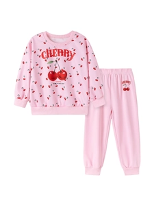 Pink girl long sleeve tracksuit featuring a large cherry print and matching joggers