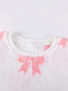 Felpa in pile bianca da bambina con stampa fiocco rosa e girocollo a costine classico