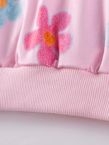 Cute pink floral long sleeve girl sweatshirt with ribbed hem and high quality cotton fabric