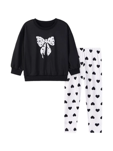 Girls long sleeve sweatshirt and pants set with bow and heart prints in black and white