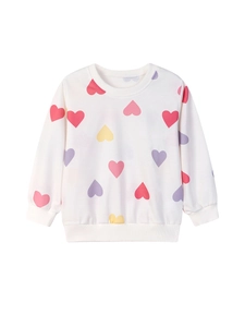 White girls' long sleeve sweatshirt featuring colorful heart print and ribbed trims