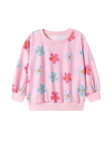 Pink long-sleeve cotton girl sweatshirt featuring colorful 3D floral textures and ribbed cuffs
