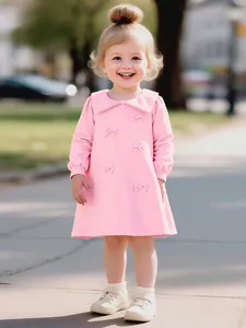 Vestito da Principessa a Maniche Lunghe Rosa per Ragazze Dolce Fiocco Colletto Peter Pan Poliestere Autunno Abbigliamento Bambina