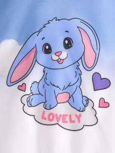 Girls' blue gradient tracksuit with cute rabbit print and lovely heart details
