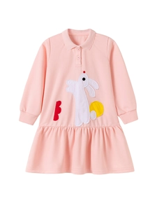 Mädchen Langarm Polo-Kleid aus rosa Baumwolle mit süßer Kaninchen-Applikation