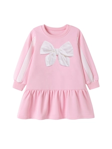Robe rose à manches longues pour filles avec grand nœud blanc et ourlet à volants