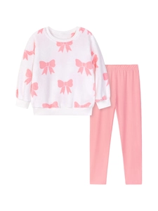 Completo autunnale da bambina con top in pile a fiocchi e leggings rosa