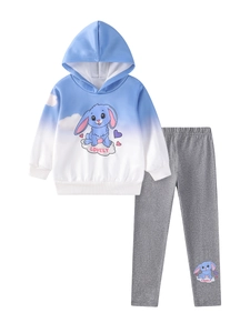 Cute blue gradient hooded sweatshirt and grey leggings set with lovely rabbit print