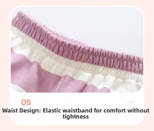 Détail de la taille élastique d'un short pour fille en coton à rayures violettes et blanches