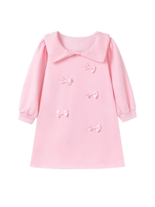 Abito da principessa rosa a maniche lunghe per bambine con colletto Peter Pan e fiocchi
