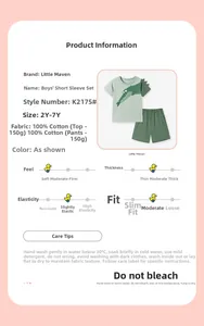 Dettaglio del set estivo da bambino con t-shirt e pantaloncini verdi in puro cotone 100%