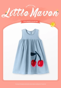 Detail of red cherry embroidery on light blue cotton sleeveless A-line summer dress