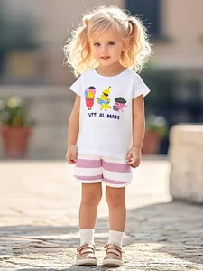 Ensemble de Vêtements d'Été en Coton pour Filles T-Shirt Imprimé Fruits Manches Courtes et Short Rayé Violet