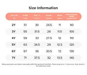 Size guide for girls' summer cotton dress with length and bust measurements from 2Y to 7Y