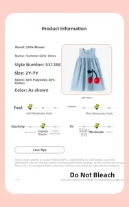 Detailed chart for little girls denim cherry dress showing cotton fabric and sizing