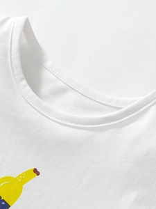 T-shirt blanc en coton pour filles avec col rond et imprimé de dessin animé d'été
