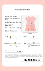 Detailed size chart and fabric specifications for pink cotton floral girl dress