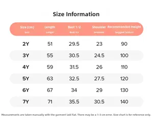 Size guide for girls' sleeveless denim cherry dress covering ages 2 to 7 years old