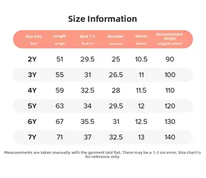 Detailed size chart for girls summer cotton dress with measurements for 2Y to 7Y sizes