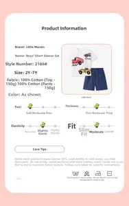 Detailed size chart and fabric info for boys cartoon car racing cotton t-shirt set
