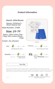 Detailed size chart and 100% cotton fabric specs for Little Maven boys summer T-shirt set