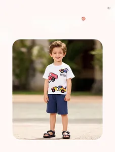 Toddler summer set with cartoon race car print on white t-shirt and navy blue shorts