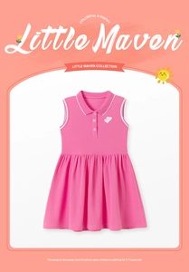 Detail of rose pink girls sleeveless polo dress with white heart embroidery and collar