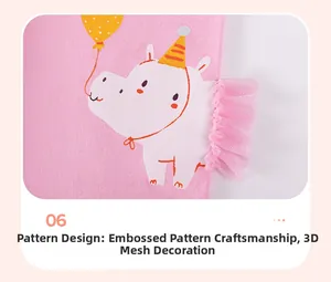 Détail du tissu en coton rose avec motif hippopotame et décoration en tulle 3D