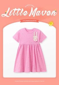 Detail of pink cotton dress for girls featuring 3D rabbit applique and white floral print
